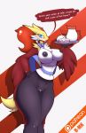 1girl abstract_background anthro areola big_breasts blush bow breasts canine chest_tuft clitoris clothed clothing delphox english_text food fox furry hand_on_hip highres inner_ear_fluff lips looking_at_viewer mammal milk navel nintendo nipples nude partially_clothed pokemon portrait pussy r-mk smile text thick_thighs three-quarter_portrait tuft video_games voluptuous waiter