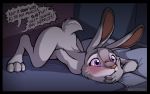 1girl 1girl anthro bed blush bucky_oryx-antlerson dark_nek0gami dialogue disney english_text furry judy_hopps lagomorph mammal masturbation nude pronk_oryx-antlerson purple_eyes rabbit text unseen_character zootopia