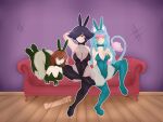  3_girls 3girls artist_name bennusnt bunnysuit chessivt couch female karmavt owozu sirivt sitting sofa trio vtuber 