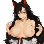 1:1_aspect_ratio 1girl 1girl 1girl animal_ear_fluff animal_ears armpit_hair bangs bare_shoulders big_breasts black_hair breasts breasts_apart brooch clavicle dress eyebrows_visible_through_hair fang hair_between_eyes hands_up head_tilt high_resolution imaizumi_kagerou jewelry long_hair long_sleeves looking_at_viewer nipples off-shoulder_dress off_shoulder red_eyes simple_background solidstatesurvivor sweat touhou upper_body very_long_hair white_background white_dress wolf_ears