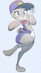 1girl 2016 anthro clothed clothing cosplay cute digital_media_(artwork) disney dunks dunks_(artist) eyelashes fur furry grey_fur hat headgear highres judy_hopps lagomorph long_ears mammal nintendo officer_jenny pink_nose pokemon police police_uniform purple_eyes rabbit simple_background smile uniform video_games wide_hips zootopia