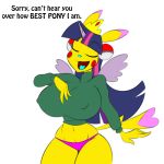 1girl 2016 anthro big_breasts breasts clothing cosplay english_text equine erect_nipples friendship_is_magic furry horn huge_breasts jrvanesbroek mammal my_little_pony nintendo nipple_bulge nipples panties pikachu pokemon text twilight_sparkle underwear video_games winged_unicorn wings