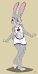 1girl absurd_res annonymouse anthro belly clothing cosplay disney fur furry grey_fur highres judy_hopps lagomorph mammal midriff navel pink_nose purple_eyes rabbit shirt shorts space_jam standing tank_top warner_brothers zootopia