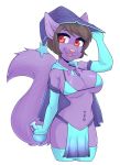  1girl 2016 anthro breasts brown_hair cape clothed clothing digital_media_(artwork) feline fur furry gloves hair hat legwear mammal navel navel_piercing open_mouth piercing portrait potion purple_fur red_eyes skimpy skyeicarus standing stockings three-quarter_portrait underboob zyira 