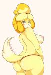 1girl animal_crossing anthro ass big_ass big_breasts black_nose blonde_hair blush boxollie breasts brown_eyes canine clothed clothing dog erect_nipples fur furry hair hairband heart isabelle_(animal_crossing) looking_at_viewer looking_back mammal mostly_nude nintendo nipples panties raised_tail shih_tzu simple_background smile standing tail topless underwear video_games white_background white_fur yellow_fur