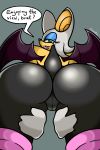 anthro ass bat big_ass big_ears canastus clothing english_text furry gloves green_eyes grey_background lipstick looking_back mammal pussy rouge_the_bat sega simple_background skinsuit text tight_clothing wings