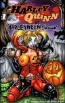 1girl batman_(series) blonde_hair blue_eyes bodypaint breasts choker comic_cover corset dc_comics elbow_gloves face_paint female_only fingerless_gloves garrett_blair halloween harley_quinn jack-o'-lantern looking_at_viewer makeup multicolored_hair nipples pumpkin solo_female tattoo thighhighs twin_tails