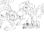  all_fours ambiguous_penetration dawn dawn_(pokemon) female_human female_human/male_pokemon from_behind grotle haruka_(pokemon) human/pokemon interspecies male/female male_pokemon may may_(pokemon) monochrome on_all_fours partially_clothed pokemon sex shorts shorts_down torterra turtwig 