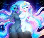 1girl abstract_background absurd_res anthro anthrofied areola big_breasts blue_eyes blue_fur blue_hair blue_nipples breasts clothing crown cutie_mark equine friendship_is_magic fur furry hair heart highres horn koveliana legwear long_hair looking_at_viewer looking_back makeup mammal multicolored_hair my_little_pony navel nipples nude pink_eyes pink_hair pink_nipples portrait princess_celestia princess_luna purple_hair pussy rainbow_hair standing stockings thick_thighs three-quarter_portrait unicorn white_fur wide_hips winged_unicorn wings