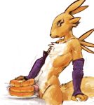 2016 anthro cum digimon food fur furry male nude open_mouth orgasm pancake penis renamon testicles unknown_artist yellow_fur