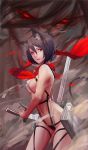  1girl amimal_ears attack_on_titan eren_yeager mikasa_ackerman red_eyes scarf short_hair sling_bikini swords tagme 