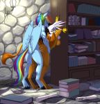 1girl 2016 against_wall anthro anthrofied avian book breasts brown_feathers closed_eyes crossgender duo equine feathered_wings feathers friendship_is_magic from_behind_position furry gilda_(mlp) gryphon hair high_res inside library male male/female mammal multicolored_hair my_little_pony open_mouth pegasus rainbow_dash rainbow_hair sex siberwar sideboob white_feathers wings yellow_eyes