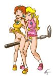 2girls blonde_hair blue_eyes blush bottomless breasts brown_hair crown damned-franhoiss earrings female_orgasm golf golf_club horny orgasm princess_daisy princess_peach pussy shoes super_mario_bros. yuri