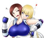 2_girls alluring big_breasts blonde_hair blush breast_hold breasts do_konjouuo emilie_de_rochefort fang female_focus heart hug_from_behind huge_breasts hugging kazama_asuka looking_at_another multiple_girls namco open_mouth shy simple_background smile sweat tekken tekken_5_dark_resurrection tekken_tag_tournament_2 yuri