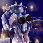  1_girl 2016 abs anthro aodhan bed big_breasts blue_eyes blue_fur bovine bra breasts briefs bulge candle canine cattle clothed clothing duo embrace eye_contact flower_petals fur furry high_res hopey_(zaruchen) horn indoor lingerie male male/female mammal midriff multicolored_fur muscular muscular_male navel neph_(artist) original original_character panties petals pillow robe romantic rose_petals smile topless two_tone_fur underwear undressing wolf 