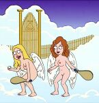  american_dad angel angel_wings blonde_hair blush breasts clouds francine_smith heaven imminent_spanking lipstick michelle_(american_dad) nipples nude orange_hair paddle pussy yuri 