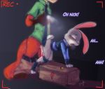 1boy 1girl 2016 2_anthros all_fours anthro anthro/anthro anthro_only bottomless canine clothed clothing cum cum_in_pussy disney dragk duo english_text erection female female_anthro fox furry highres interspecies judy_hopps lagomorph male male/female male_anthro mammal nick_wilde pants_down penetration penis penis_in_pussy predator/prey rabbit recording sex standing testicles text vaginal vaginal_penetration zootopia