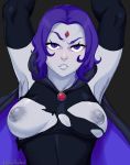  1girl arms_up breasts dc_comics exposed_breasts female female_only forehead_jewel galactic-overlord goth half_demon looking_at_viewer partially_clothed raven_(dc) short_hair solo superheroine teen_titans torn_clothes 