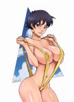 1girl big_breasts black_hair blue_eyes blush breasts dragon_ball dragon_ball_z hair looking_at_viewer nipples short_hair sling_bikini smile videl white_background