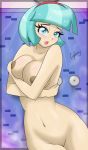 1girl belly big_breasts blue_eyes blue_hair breasts coco_pommel cogbrony eyebrows eyelashes female hair humanized midriff navel open_mouth pussy solo