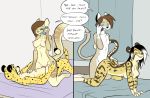 1girl 2015 anthro bed black_hair brown_fur brown_hair cat cellphone cheetah duo feline fur furry hair jane_(gamerfox) male male/female mammal metal_(artist) naomi_(yuri_catslash) nipples nude penetration phone scar sex text vaginal white_hair yellow_fur yuri_catslash zach_(gamerfox)