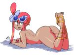  1girl ass bigdead93 blue_eyes breasts looking_back open_mouth pokemon pussy red_hair skyla smile sunglasses toes 