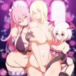  3girls aqua_eyes babydoll between_breasts big_breasts black_bra black_gloves blonde_hair blush bra breasts cleavage closed_eyes cowboy_shot cute darkness_(konosuba) demon_girl elbow_gloves erect_nipples female first_porn_of_character frilled_legwear garter_belt garter_straps girl_sandwich gloves green_eyes hair head_wings heart huge_breasts indoors kono_subarashii_sekai_ni_shukufuku_wo! large_breasts lavender_hair long_hair looking_at_another maid_headdress morokoshitaroh multiple_girls navel nipple_tweak nipples nude o-ring_bottom o-ring_top panties pink_eyes pink_hair pink_panties plump pointy_ears sandwiched shinjin_succubus_(konosuba) short_hair smile sparkle succubus succubus_(konosuba) thighhighs towel uketsuke_succubus_(konosuba) underwear underwear_only white_hair wide_hips wince yuri 