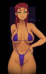 1girl 1girl alien alien_girl alien_humanoid big_breasts bikini cartoon_network dc_comics dc_comics green_eyes huge_ass huge_breasts long_hair nails orange_skin phat_smash purple_bikini purple_swimsuit red_hair redhead simple_background starfire superheroine tagme tamaranean teen_titans thick_thighs thong