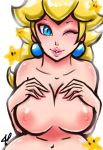 1girl areola big_breasts blonde_hair blue_eyes breast_suppress breasts collarbone earring jamilsc11 lips long_hair looking_at_viewer nail_polish navel nipples one_eye_closed parted_lips princess_peach simple_background star super_mario_bros. wink