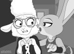 1girl 2016 alfa995 anthro caprine clothing dawn_bellwether disney duo eyewear female/female furry gif glasses greyscale interspecies judy_hopps lagomorph licking mammal monochrome nervous police_uniform rabbit sheep sweat sweatdrop tongue tongue_out uniform zootopia