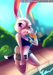 1girl 2016 anthro belt bottomless breasts bush carrot cleavage clothed clothing disney eating food furry judy_hopps kneel lagomorph legwear licking looking_at_viewer mammal midriff navel open_mouth outside purple_eyes rabbit rizkitsuneki rizkitsuneki_(artist) sidewalk socks suggestive toeless_socks tongue tongue_out vegetable zootopia