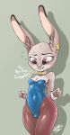  1girl 2016 anthro blush breasts bunny_girl bunny_suit bunnygirl bunnysuit clothed clothing digital_media_(artwork) disney embarrassed fur furry grey_fur high_res judy_hopps lagomorph legwear leotard long_ears mammal piercing playboy playboy_bunny purple_eyes rabbit secretly_saucy simple_background small_breasts smile text tights wide_hips zootopia 