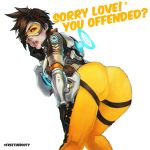 1girl ass brown_hair english_text jumpsuit overwatch simple_background text tracer_(overwatch) white_background