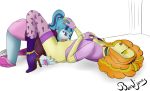 2girls adagio_dazzle bandijones blonde_hair blue_hair blue_skin boots closed_eyes clothed equestria_girls friendship_is_magic gloves my_little_pony pussylicking rainbow_rocks sonata_dusk stockings tongue yuri