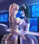  2016 2girls anthro big_breasts black_hair blonde_hair blue_nose breast_press breasts breasts_frottage choker duo feline female fur furry hair hand_on_hip high_res inner_ear_fluff inside interspecies jimmuarts mammal multiple_girls nude red_eyes red_panda sideboob smile striped_fur stripes tiger wyla yuri 