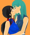 2girls aqua_hair art artist_request babe black_clothes black_hair blue_clothes breasts bulma_briefs chichi chinese_clothes closed_eyes dragon_ball hair hugging kissing long_hair love multiple_girls mutual_yuri sleeveless upper_body yuri