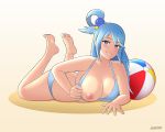 1girl 5:4_aspect_ratio aqua_(konosuba) areola ball beachball big_breasts bikini blue_eyes blue_hair blush breast_slip breasts breasts_out_of_clothes feet female_only full_body grin high_resolution kono_subarashii_sekai_ni_shukufuku_wo! lackatask long_hair looking_at_viewer lying nipples on_stomach one_breast_out_of_clothes smile soles solo_female swimsuit toes very_high_resolution