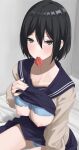 condom_in_mouth embarrassed erect_nipples imminent_sex large_breasts lifted_by_self pantyshot_(sitting) presenting_breasts school_uniform