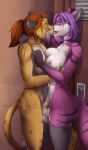 2016 anthro areola big_breasts black_fur black_nose breast_fondling breasts brown_fur brown_hair canine cheetah closed_eyes clothing drooling duo feline fondling french_kissing fur furry futanari hair hand_on_breast highres humanoid_penis inside intersex interspecies kissing legwear locker long_hair mammal mostly_nude nipples nude open_mouth penis ponytail purple_fur purple_hair saliva scar side_view spots stripes teeth testicles tongue tongue_out twinkle-sez white_fur