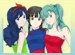 3_girls aqua_hair art artist_request bulma_briefs chichi chinese_clothes dragon_ball friends long_hair lunch_(dragon_ball) multiple_girls smile strapless tank_top