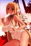  1girl angel angel_wings astraea big_breasts blonde_hair blush breasts chains cleavage collar cute food huge_breasts ice_cream licking long_hair looking_at_viewer navel one-piece_swimsuit open_mouth outdoors red_eyes rkrk sexually_suggestive signature solo sora_no_otoshimono standing swimsuit tongue tongue_out tree very_long_hair white_swimsuit white_wings wings 