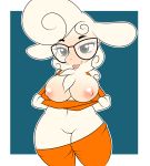 1girl 1girl 2016 anthro areola big_breasts blue_background border breasts caprine clothing dawn_bellwether disney eyewear flashing furry glasses green_eyes high_res kloudmutt mammal nipples pussy sheep simple_background tongue tongue_out white_border wide_hips zootopia