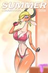 1girl 2016 antelope anthro antlers beverage bikini blonde_hair breasts cellphone cleavage clothed clothing disney english_text eyelashes food furry gazelle gazelle_(zootopia) hair half-closed_eyes horn kabutoro large_breasts makeup mammal phone smile soda swimsuit text zootopia