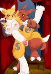 1girl 2016 anthro blush breasts canine digimon digital_media_(artwork) dragoon86 duo fox fur furry guilmon high_res male male/female mammal nipples nude open_mouth penetration penis pussy renamon scalie sex tuft vaginal vaginal_penetration white_fur yellow_fur