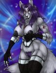  1_girl 2016 anthro areola armpit armwear big_breasts black_nose blue_background breasts canine claws clothed clothing corset fenrir-lunaris_(artist) fur furry grey_fur hair huge_breasts jewelry legwear long_hair looking_at_viewer mammal necklace nipples partially_nude pubic_hair purple_fur purple_hair pussy pussy_hair red_eyes sericyon_lunaris signature simple_background text tuft white_claws wide_hips wolf 