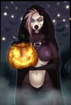  anthro areola breasts canine furry half-closed_eyes halloween holidays horn mammal navel nipples pumpkin pussy smile teeth unistaart 