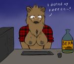  1girl alcohol anthro bear beverage black_nose blush bottle breasts brown_fur chest_tuft clothing desktop food fur furry looking_down mammal neck_tuft nipples original original_character plaid slinkoboy stylus tablet text tuft 