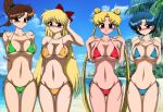 4girls :o aino_minako alluring ami_mizuno beach big_breasts bikini bishoujo_senshi_sailor_moon blonde blonde_hair blue_bikini blue_hair blush breasts brown_hair embarrassed female female_only green_bikini kino_makoto lineup long_blonde_hair long_hair looking_at_viewer makoto_kino minako_aino mizuno_ami outdoor outside red_bikini sailor_jupiter sailor_mercury sailor_moon sailor_venus short_hair tied_hair tsukino_usagi twin_tails usagi_tsukino yellow_bikini