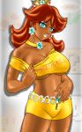  1girl alternate_costume art babe bare_legs bare_shoulders big_breasts blue_eyes breasts brown_hair cleavage crown dapperdan dapperdan_(artist) dark_skin earrings eyeshadow female ganguro legs lips lipstick long_hair looking_at_viewer makeup mario_(series) midriff naughty_face neck necklace nintendo off-shoulder_shirt parted_lips princess_daisy solo super_mario_bros. super_mario_land underboob white_lipstick 