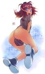 1girl ass blue_eyes bottomless bubble_butt cover_up covering_crotch embarrassed embarrassing red_hair shiny shiny_skin short_hair surprised